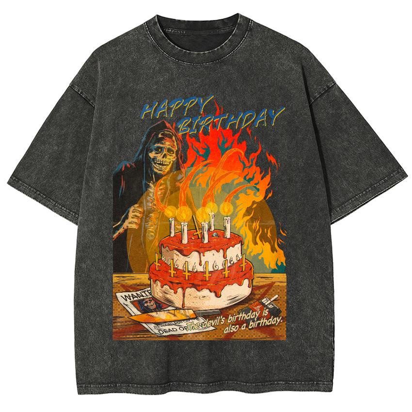 Skull Ghost Eating Cake Printed Women's Washed T-shirt Comfortable Loose Short Sleeve Street