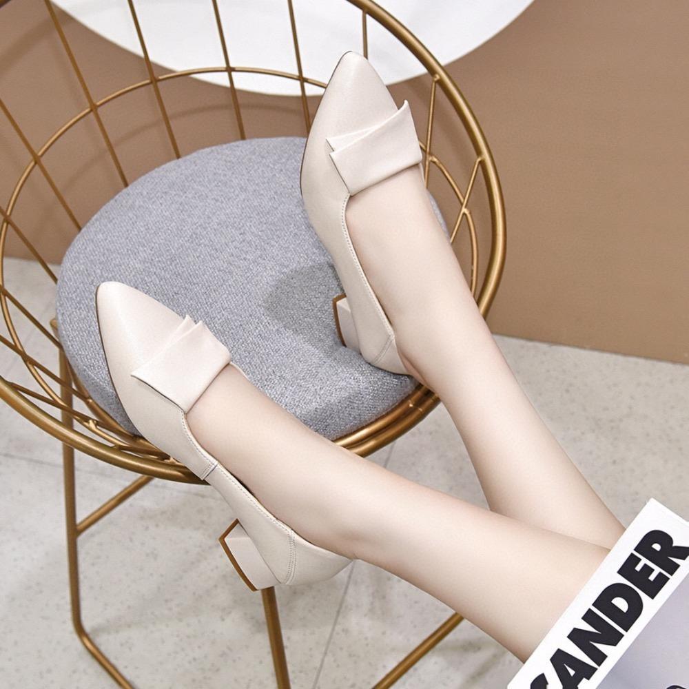 Fashion Genuine Leather Pointed Low-Heeled Women's Shoes Comfortable Work Shoes Simple Elegant Mary Janes Square Heel All-season Shoes