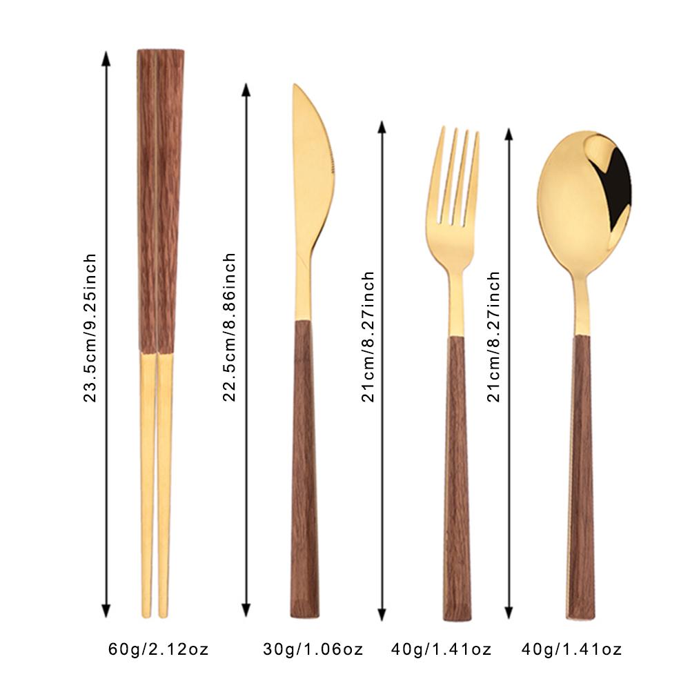16Pcs Gold Flatware Cutlery Set Chopsticks Knife Fork Spoon Set Imitation Wooden Handle Korean Dinnerware Luxury Tableware