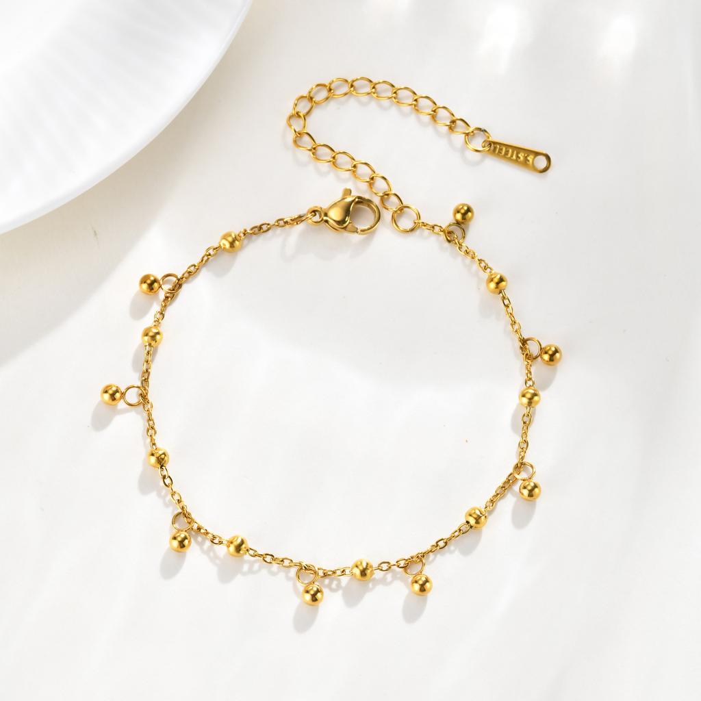 Minimalist Dangling Ball Charm Chain Bracelet 18K Gold Plated Stainless Steel Adjustable Size Daily Wear Jewelry for Female