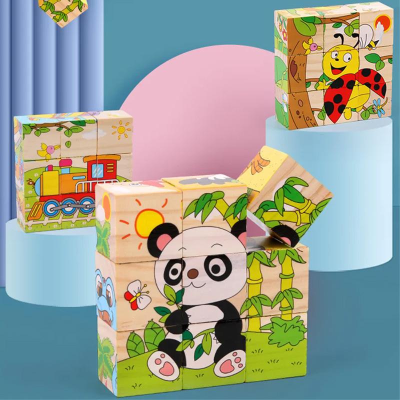 Quebra-cabeça de Madeira Seis Lados Pintados Tridimensional Trânsito Animal Quebra-cabeça Blocos de Construção Brinquedos Montessori de Educação Infantil TMZ