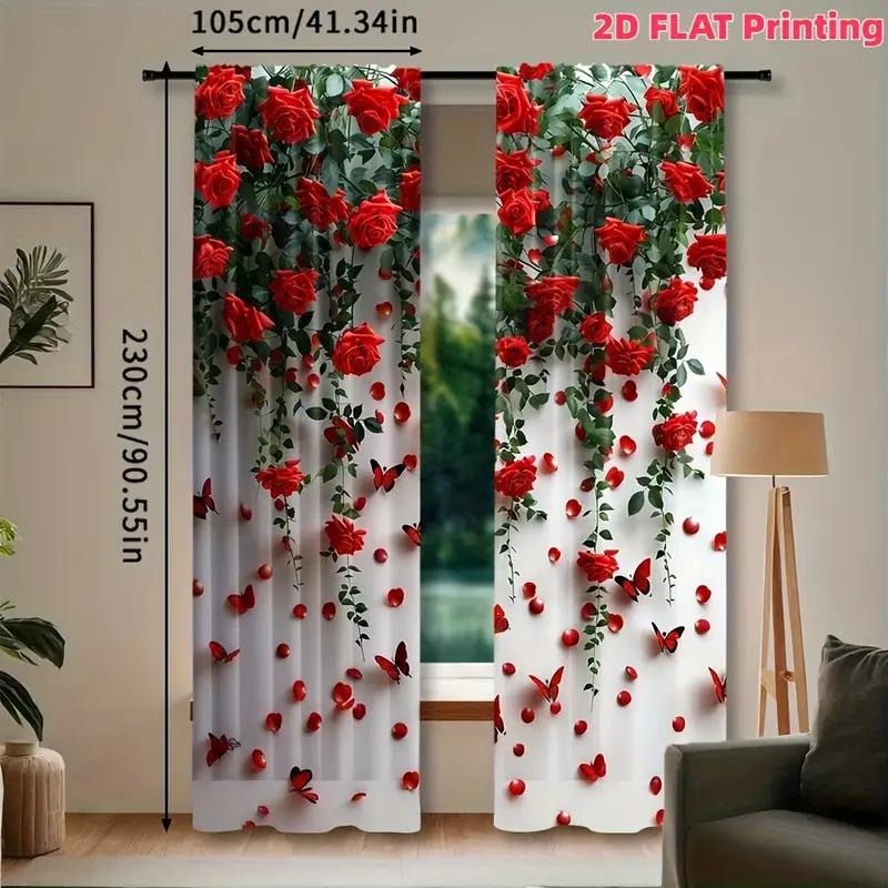 Red Rose Printed Curtains Pole Bag Design Privacy Protection Suitable Decorating Various Scenes Set Of 2 Made Polyester