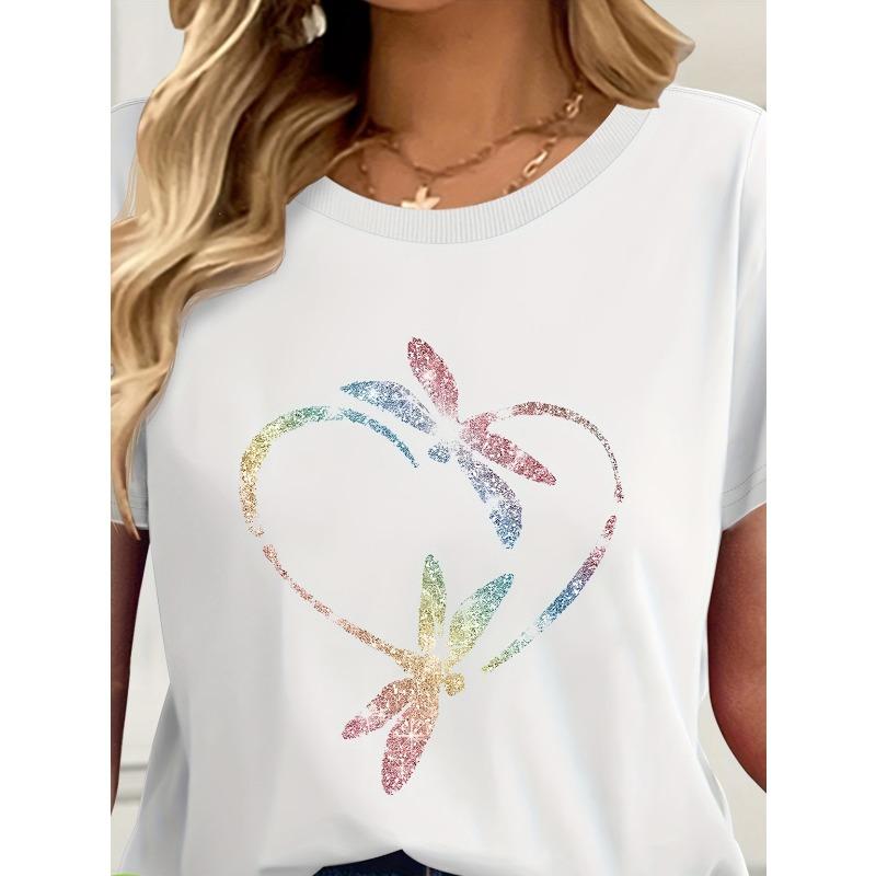 

European sizes Women s Print T-Shirt - Short Sleeve Round Neck Summer Casual Blouse, Machine Washable Spring/Summer Casual Attire with Dragonfly S белый