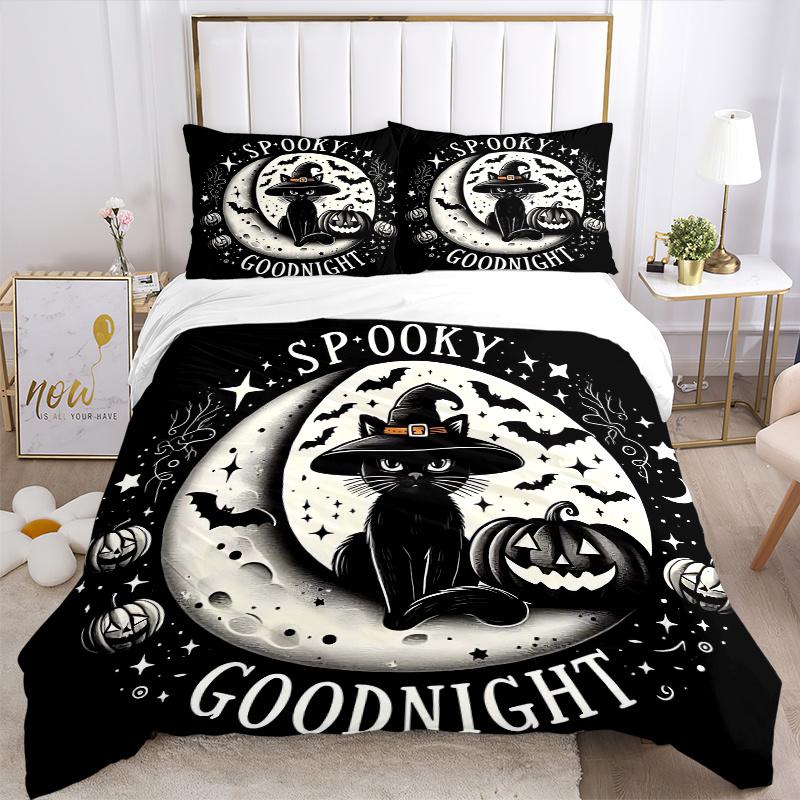 3pcs Shining Moon & Wizard Black Cat Goodnight Bedding Set, Including 1 Quilt Cover and 2 Pillow Shams, Without Filling, Soft and Comfortable Hom