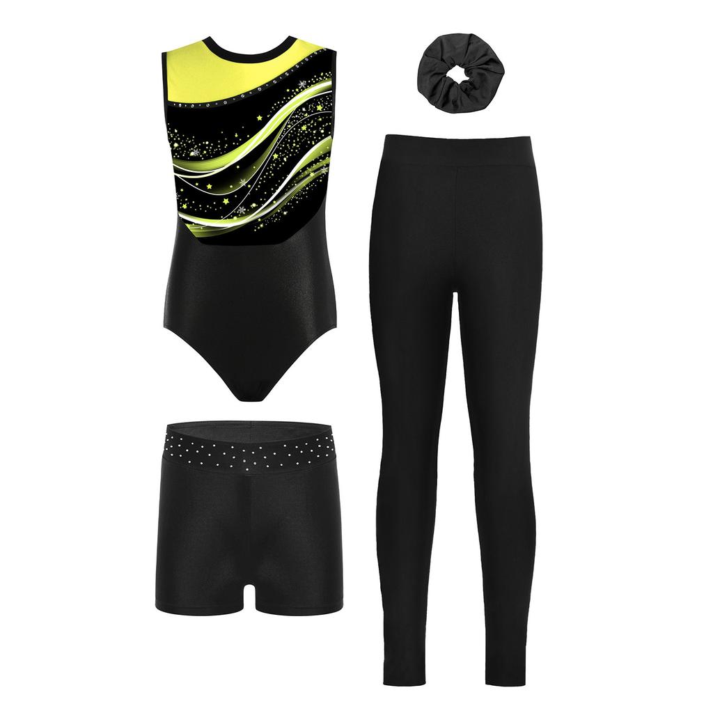 4-Piece Girls Gymnastics Dance Set Sleeveless Color Block Leotard with Rhinestone Shorts Leggings Hair Band