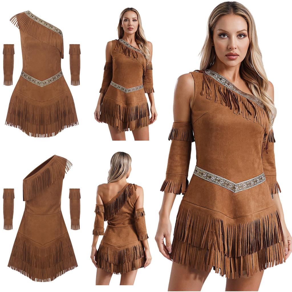 Kadınlar 3 Parça Cadılar Bayramı Yerli Kıyafetleri Seti Kızılderili Kız Yerli Prenses Giydirme Kostümü