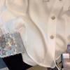 Patchwork Sequins White Women Shirt Autumn Long Sleeve Loose Blouse Casual Turn Down Collar Elegant French Style Shirt