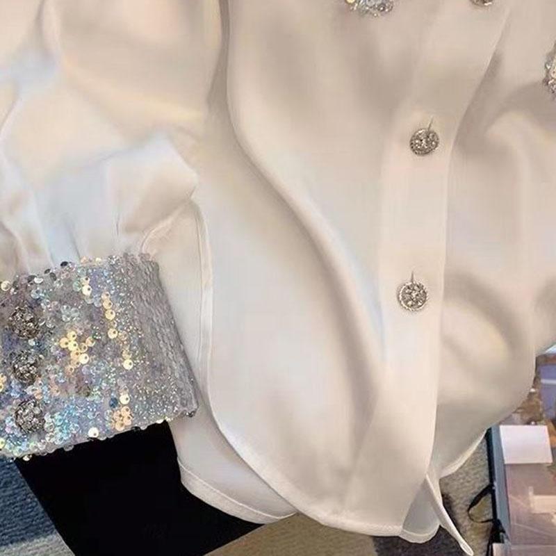 Patchwork Sequins White Women Shirt Autumn Long Sleeve Loose Blouse Casual Turn Down Collar Elegant French Style Shirt