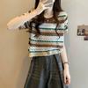 Hollow Out Color Striped Short Sleeved Knitted Sweater for Women French Style Slimming Top