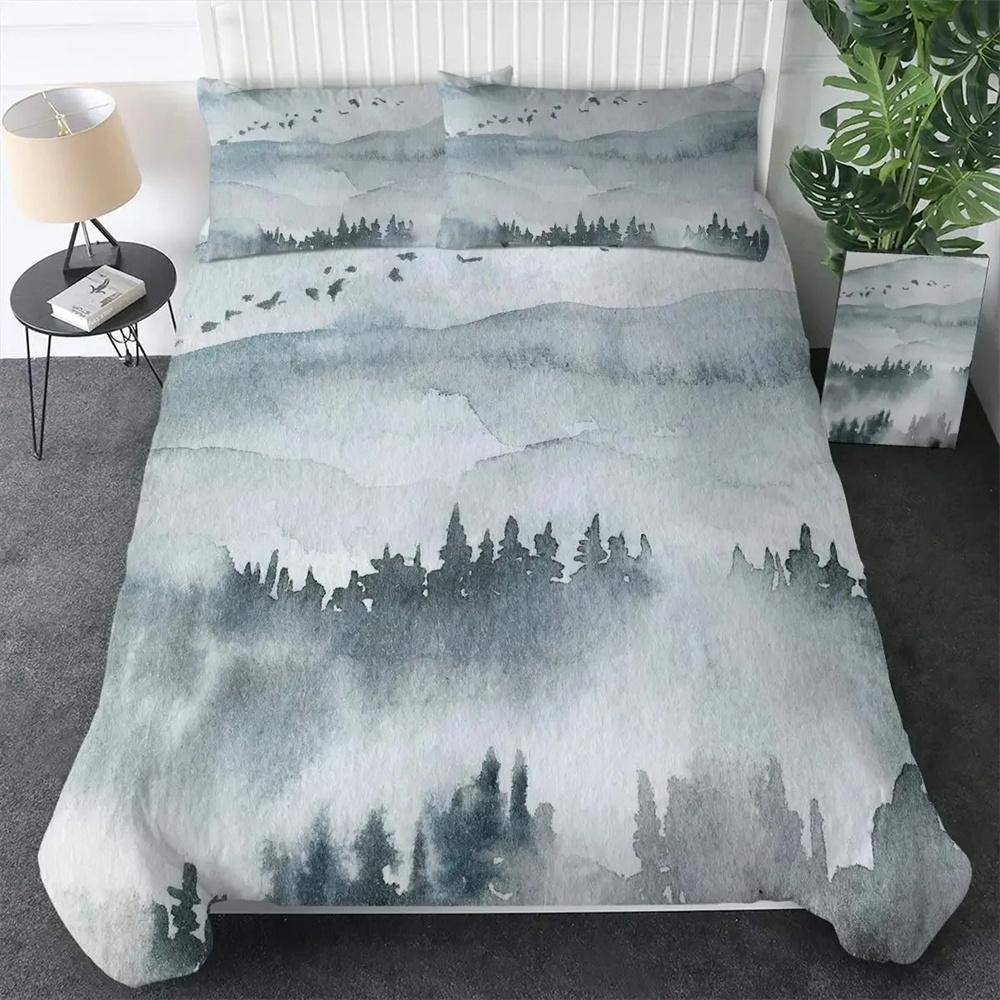 Smoky Mountain Duvet Cover Collection Misty Forest Bedding Collection Full Queen Size Grey Trees Natural Scenery Art Comforter Cover