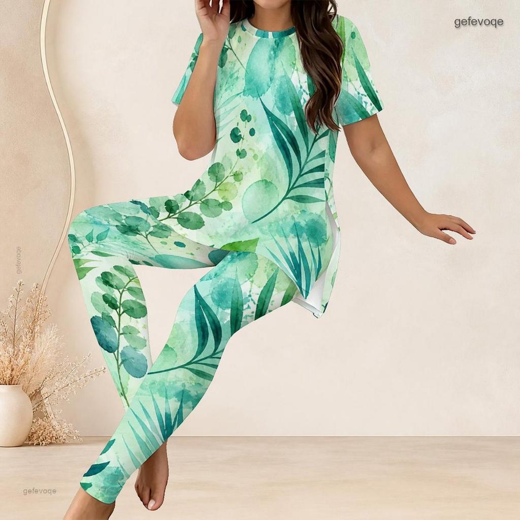 Women Plus Size Printed Two Piece Set Round Neck Short Sleeve Longline Top Fitted Pants Green Blue White
