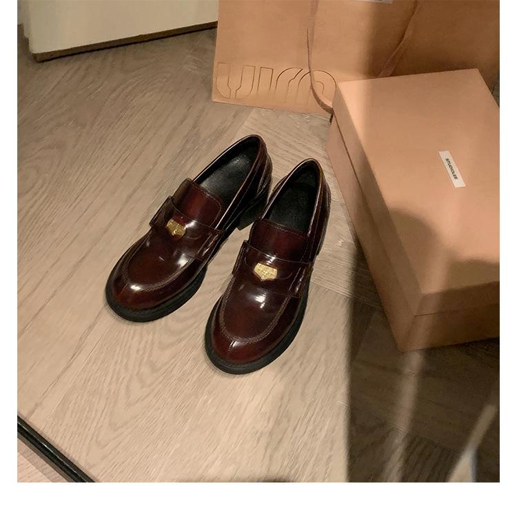 Cowhide version of gold coins, genuine leather thick-soled small leather shoes, women's spring thick heels, high heels, one pedal, loafers, s