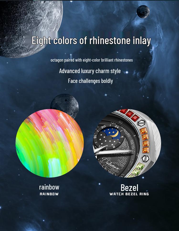 Durenwei Herren Wasserdicht Leuchtend Regenbogensterne Edelstahl Mechanische Uhr