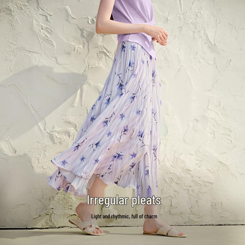 Purple Floral Pleated A-Line Midi Skirt