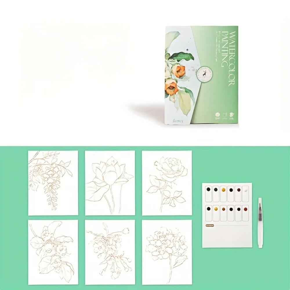 A Set of Creative Watercolor Painting Tools - Adult Coloring Book with Landscape and Floral Patterns