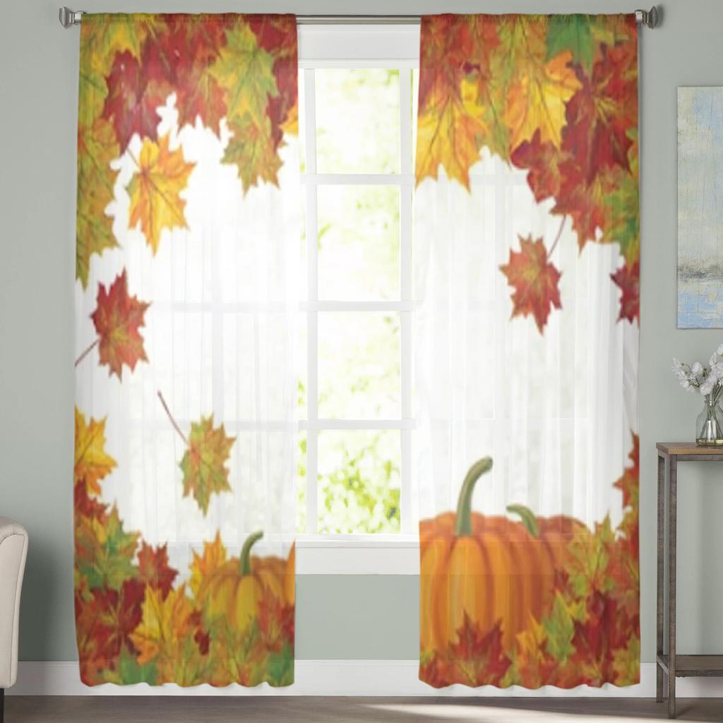 Autumn Leaves And Pumpkins Sheer Window Curtains For Living Room Bedroom Modern Voile Tulle Curtains Fabric Drapes For Kitchen