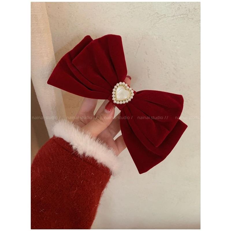 Cat Eye Heart Bow Velvet Hair Clip Women Retro Wine Red French Elegant Pearl Back Head Hair Accessories