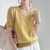 European Design Sense V-neck Knitted T-shirt Women's 1116 Spring and Summer New Versatile Loose Fashion Thin Short-sleeved Knitted Sweater