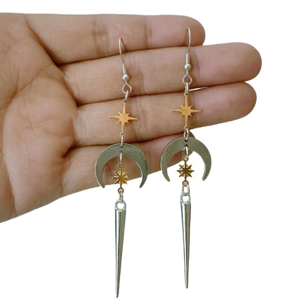 Temperament Personality Gold Color Sun Silver Color Moon Geometric Rivet Tip Cone Dangle Earrings for Women Halloween Jewelry