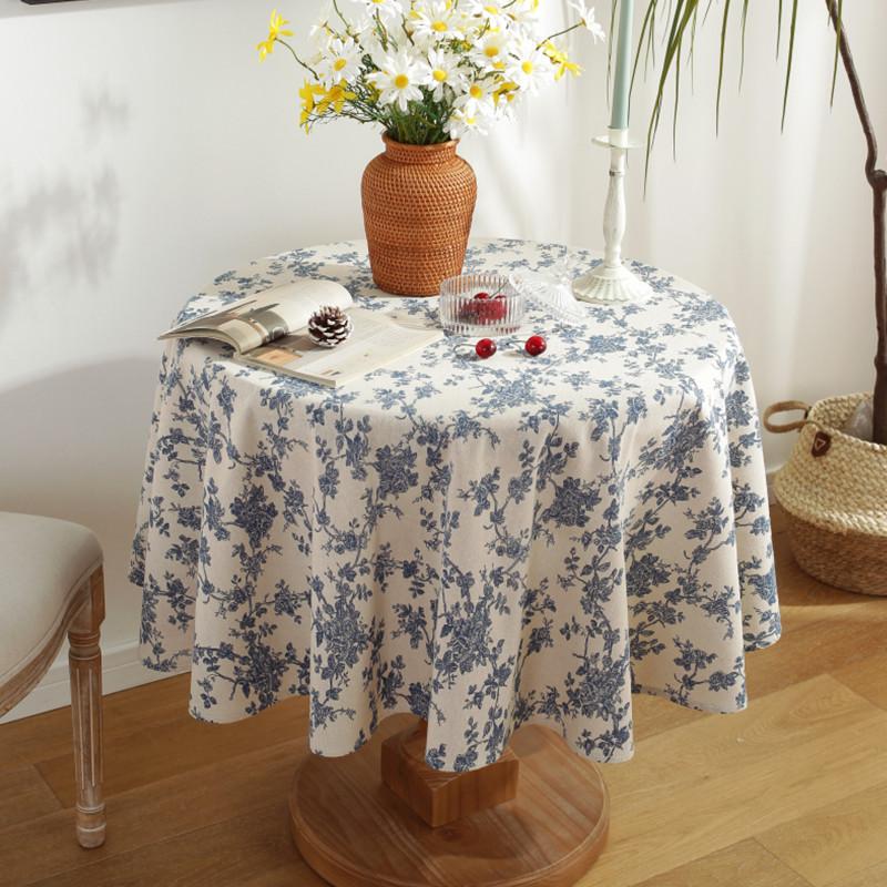 Small Round Tablecloth Ins Wind Cotton Linen Blue Printed Tablecloth Retro Blue Flower Tea Table Cover Cloth