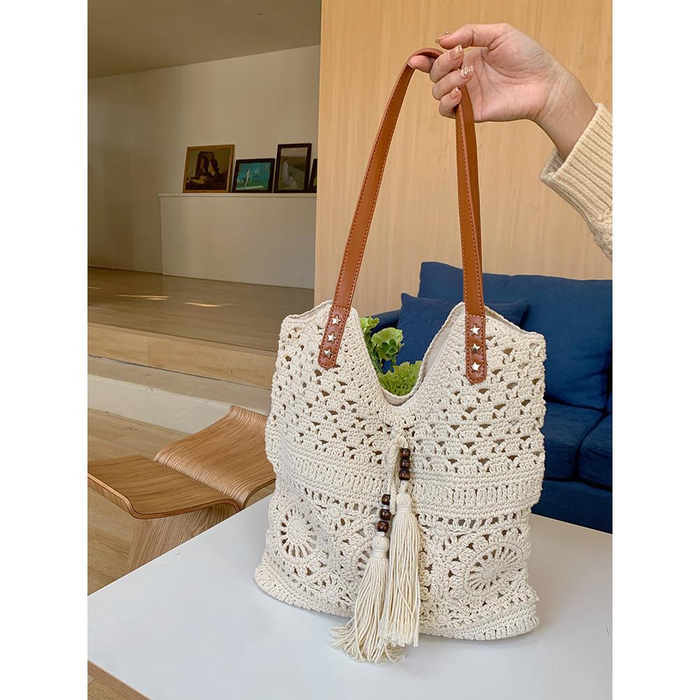 IELGY Seaside Vacation Beach Bag Large Capacity One Shoulder Woven Hollow Tote Bag
