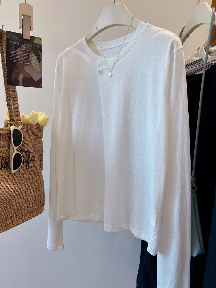 Cross-Season Pure Cotton Korean Double Gauze Long Sleeve T-Shirt for Women - Early Autumn Button Design