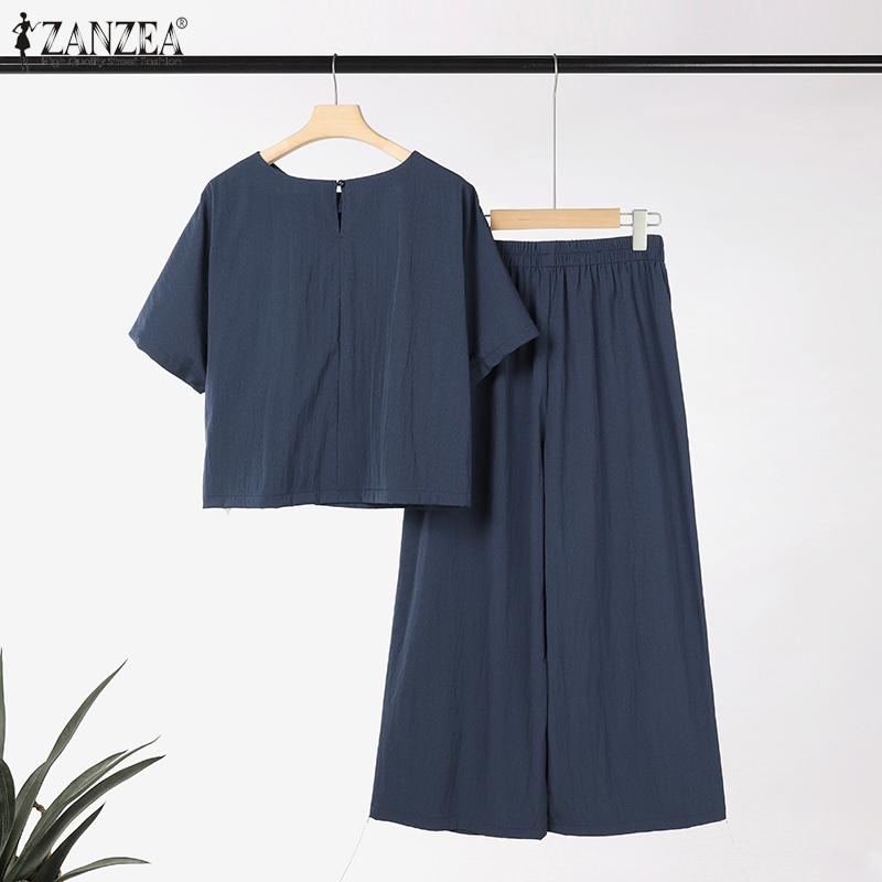 ZANZEA Dame Casual Halvlange Ermer Bluse og Bukser Sommer Todelt Draktssett