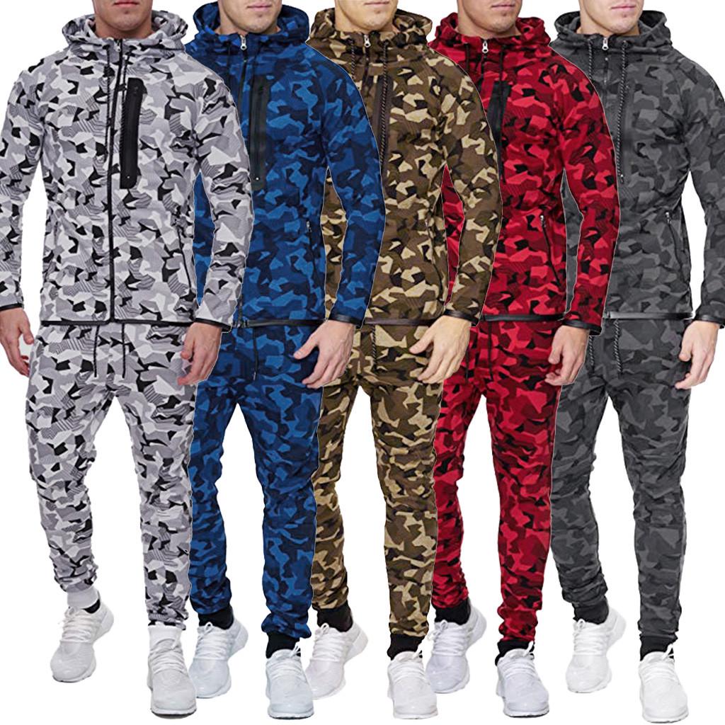 Men's  Print Zipper Sweatshirt Hooded Top Pants Sets Sports Suit Tracksuit