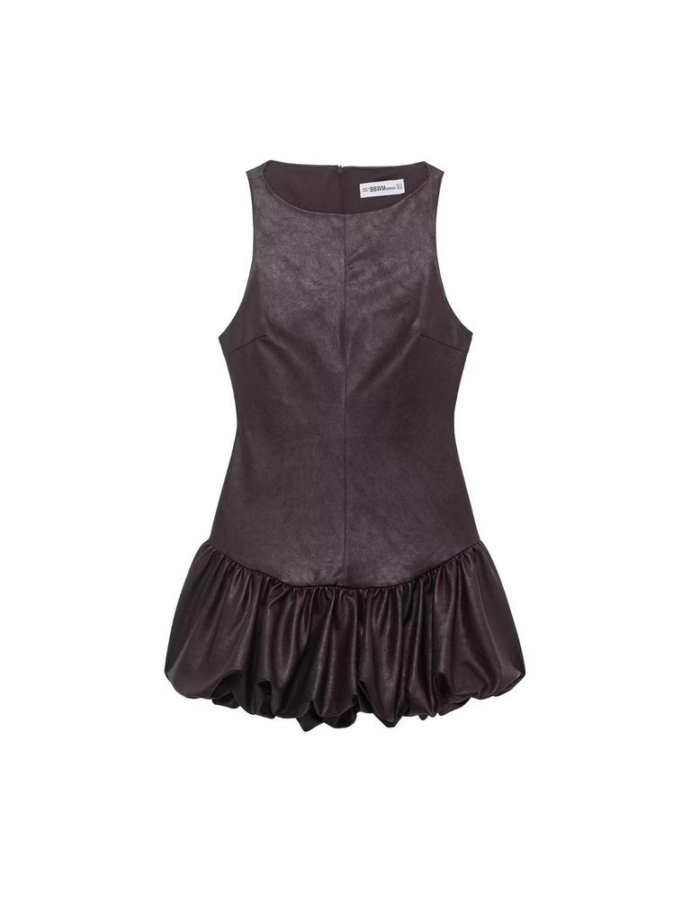 2025 Autumn/Winter Women's European & American Style Leather Effect Jumpsuit Puffy Dress