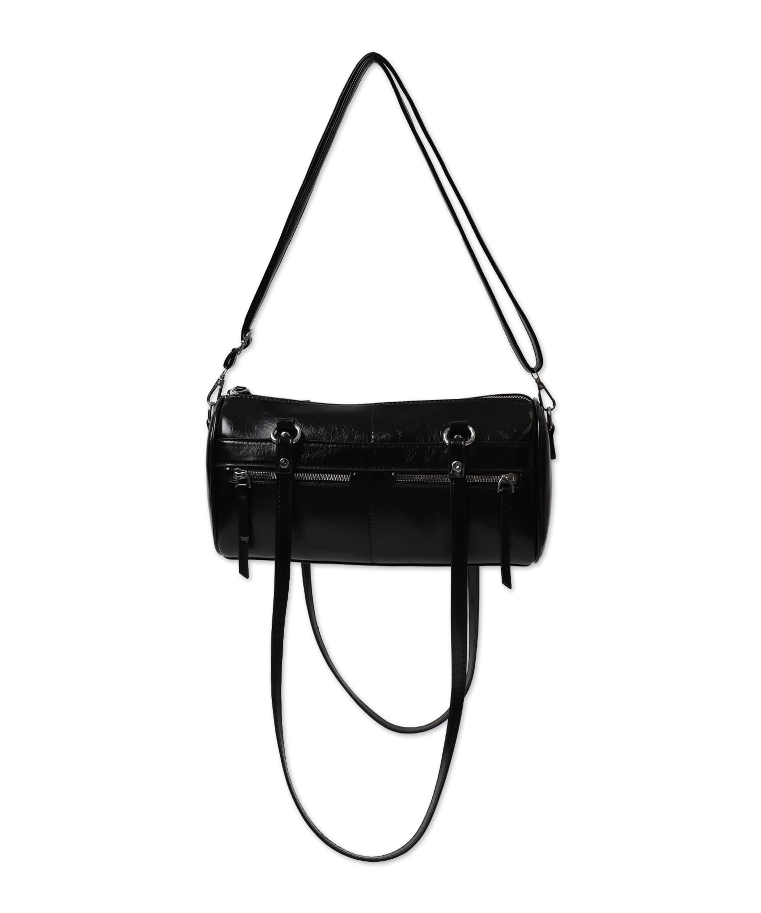WEGO Figments Double Pocket PU Boston Bag, Gift for Women, Korean Style, Size F, Black