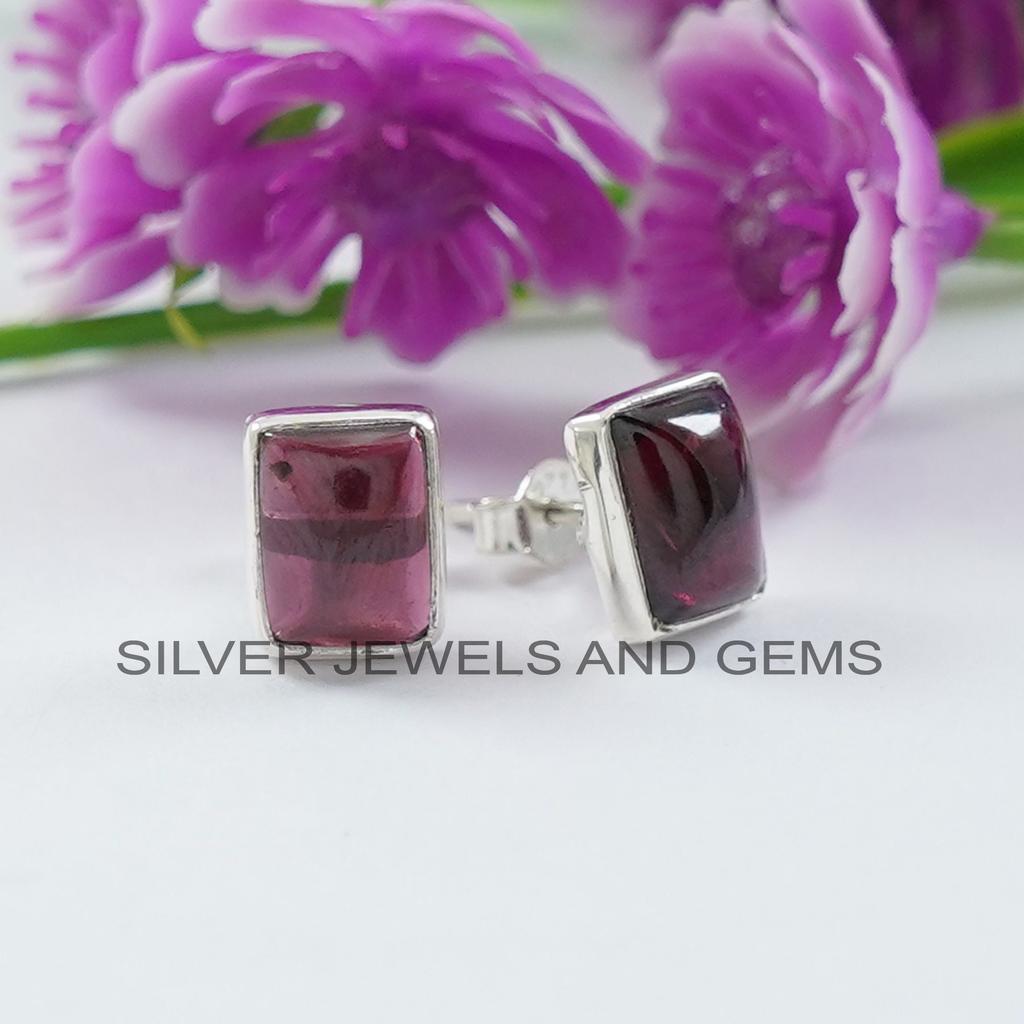 Handmade Rectangle Garnet Stud Earrings: 925 Sterling Silver