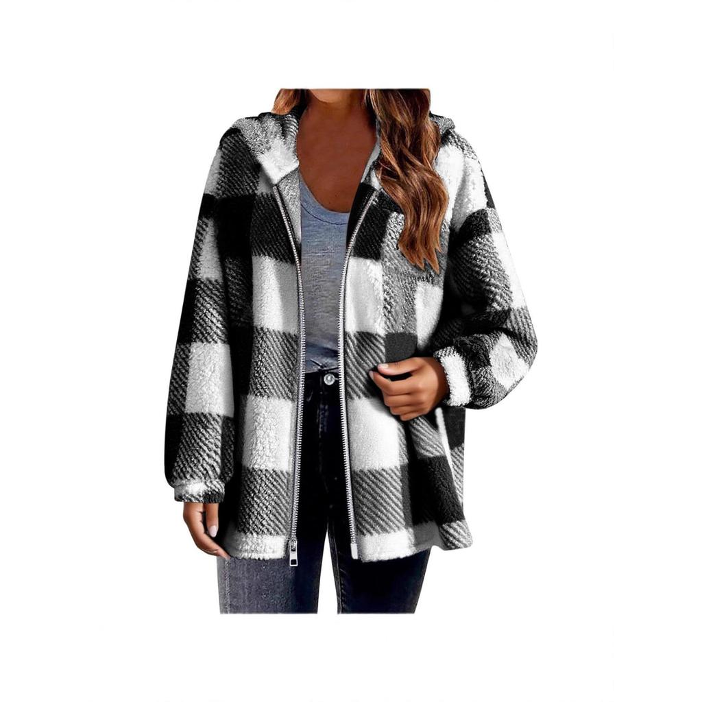 2025 Plaid Loose Fit Long Sleeve Hooded Fuzzy Zip-Up Cardigan Jacket