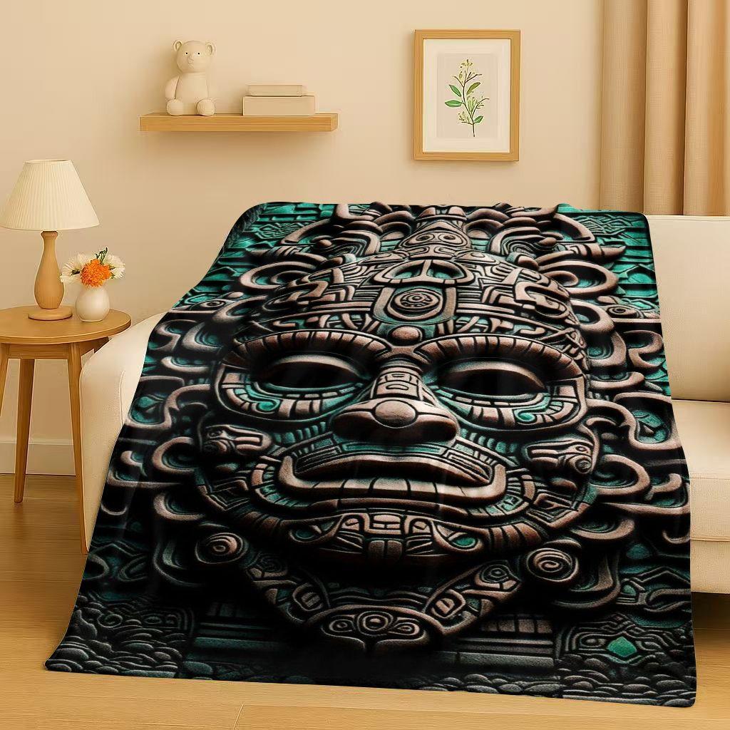 Retro Aztec Totem Maya Mask Sun God Flannel Blanket,Ultra Soft Warm Plush Throw for Home Bedroom Bed Sofa Cover Office Gift Kids