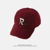 Hat Women's Autumn and Winter R Letter Couple Versatile Cold Proof Baseball Cap Lamb Velvet Thick Warm Wide Brim Peaked Cap for Men