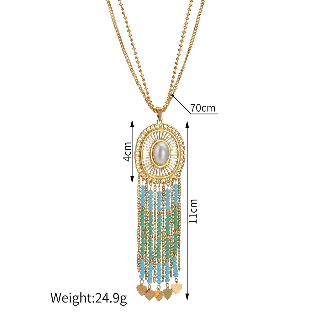 Atoztide Bohemian Pendant Necklace for Women Stainless Steel Trendy Imitation Pearl Tassel Sweater Chain Christmas Jewelry Gift