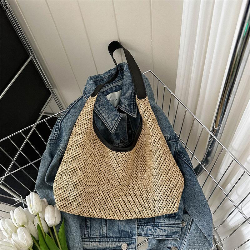 Women's Retro Woven Tote Bag Large Capacity Shoulder Underarm Bag Summer Beach Handbag