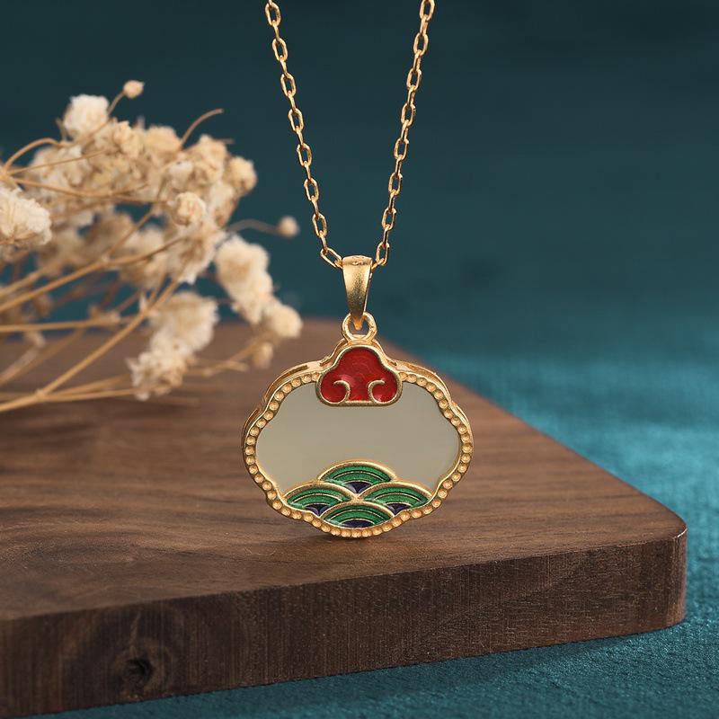 

Ancient Method Gilt Inlaid Jade Pendant - Xinjiang Hetian Enamel Ruyi Lock Charm