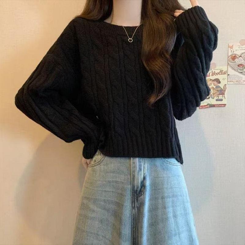 

Пуловер в стиле ретро с косами, свитер с длинным рукавом, короткий вязаный свитер в академическом стиле для женщин, маленьких мужчин, универсальный для весны и осени, простой 46-25 (average size) чёрный