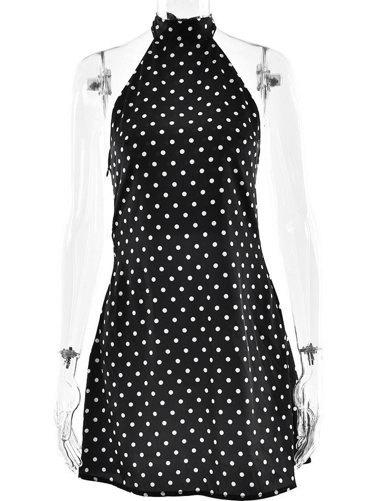Damesmode Kleding Halter Mouwloos Stippen Satijn Korte Jurk 2026 Zomer Sexy Bandage Backless Mini Avondfeest Jurken