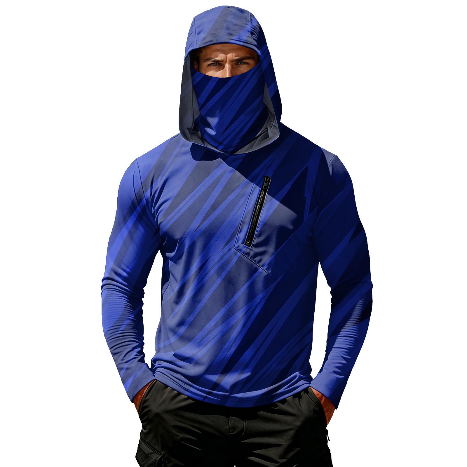 

Men Long Sleeve Hooded Pullover with Vertical Stripe Print Lightweight Casual Top with Chest Zipper Pocket L