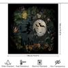 Halloween-themed shower curtain featuring a witch flying through the air with bats and pumpkins perfect for spooky decor Black
