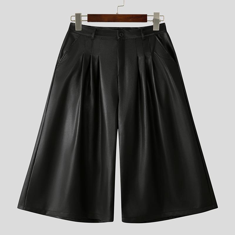 INCERUN Heren Hoge Taille Effen Kleur PU Leer Losse Cropped Wijde Pijpen Broek L