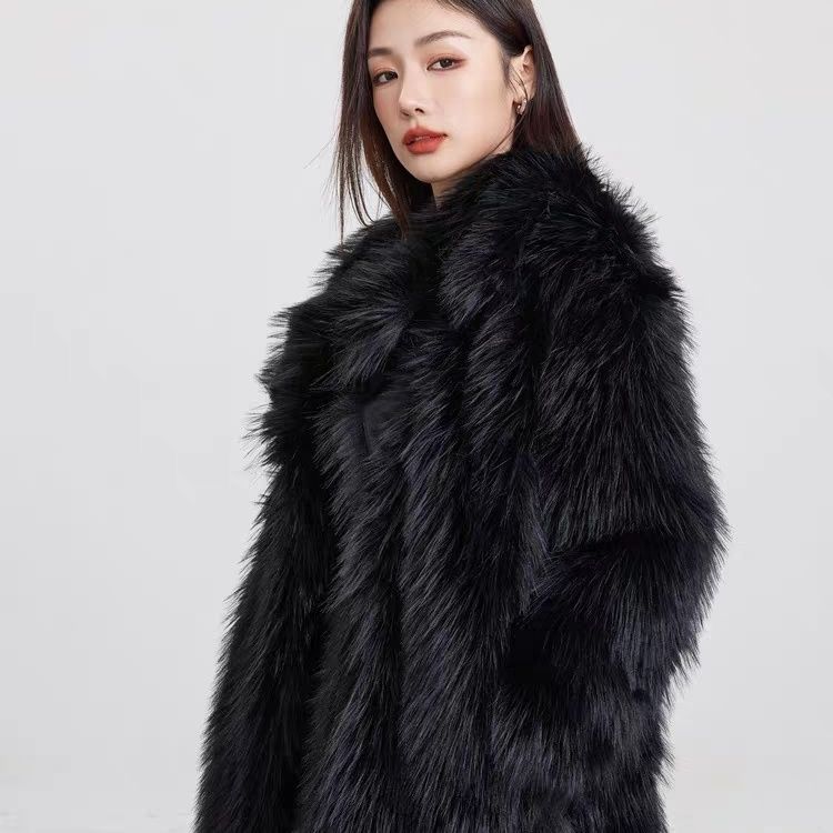 Winter New Imitation Fox Black Long Coat with Cotton and Thick Environmentally Friendly Fur Coat for Women