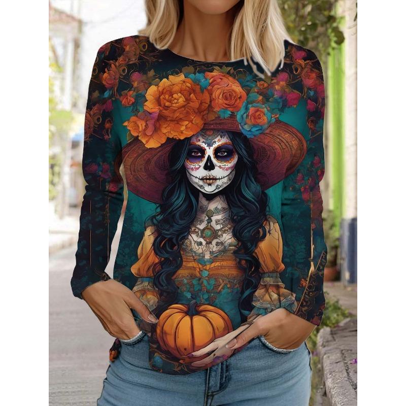 Sugar Skull Pattern Womens Long Sleeve Shirt Day of the Dead Shirts Summer 3D Printed Tops y2k Gothic style Women's Clothing