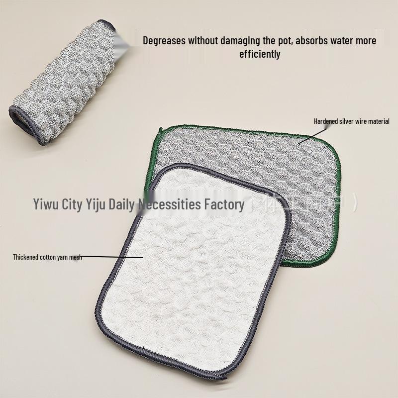 Double Layer Thickened Absorbent Dishcloth with Oil-Repellent Scouring Pad and Silver Thread for Pot Cleaning