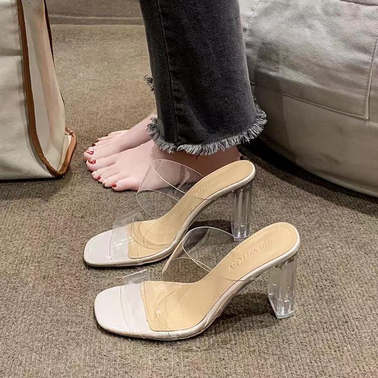 

2025 summer sexy new high heel thick heel transparent sandals women s fashion wear crystal heel versatile middle heel slippers 41