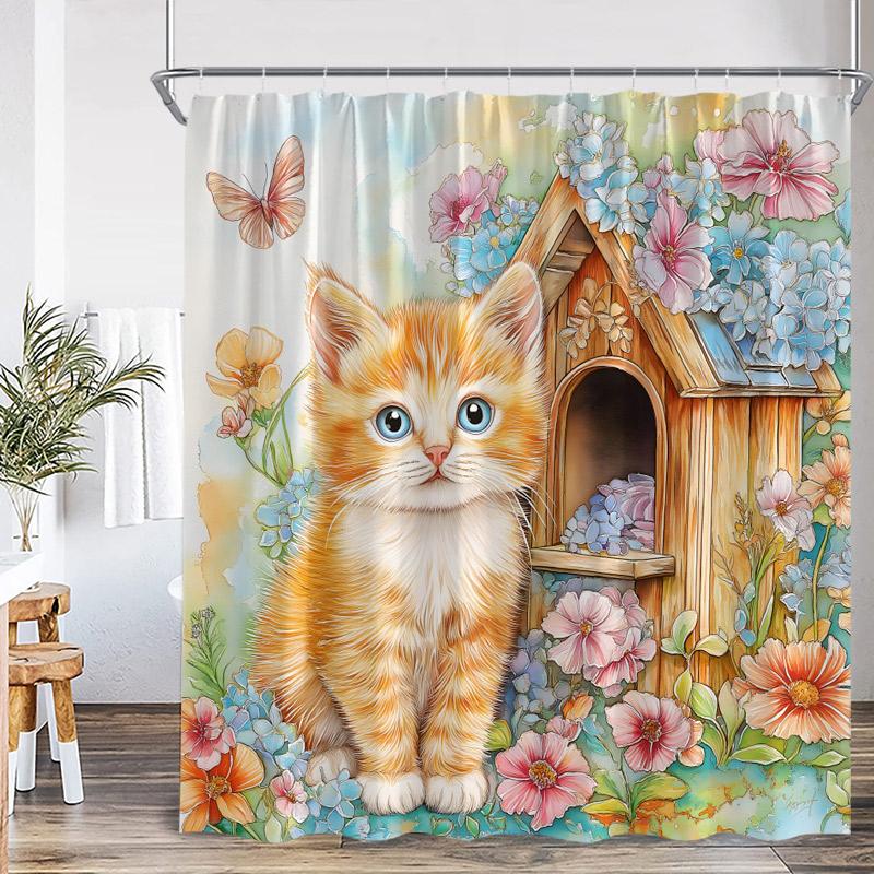 Cute Cat Shower Curtain Pink Cherry Floral Tree Asian Oriental Watercolor Flower Funny Animal Green Grass Bathroom Curtain Decor