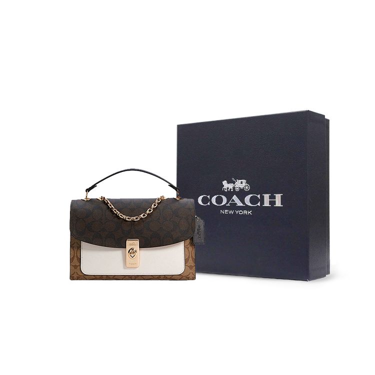 Coach Lane 26 Fashion Color Block Chain Crossbody Shoulder Bag Coated Canvas And Leather Medium Women handbags Brown White C1539-IMNOX