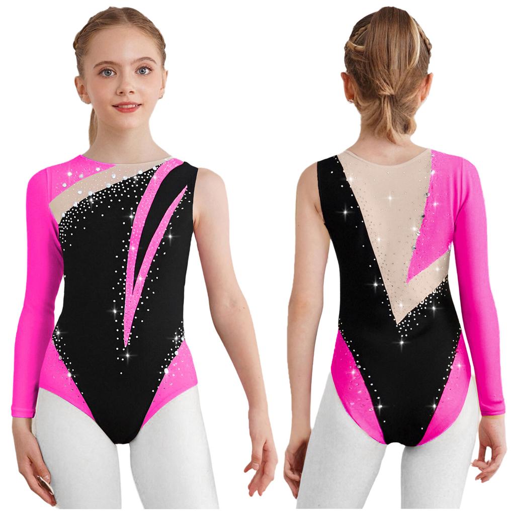 Girls Dance Leotard Round Neck Shiny Rhinestones Color Block Asymmetrical Gymnastics Wear