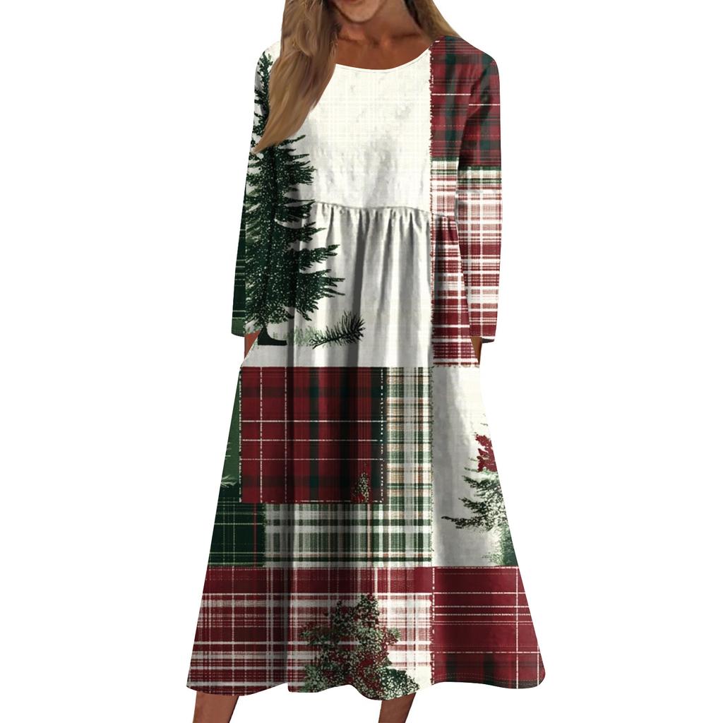 Damen Freizeitkleid mit Rundhalsausschnitt, Weihnachtsdruck, mittellang, langärmlig mit Tasche